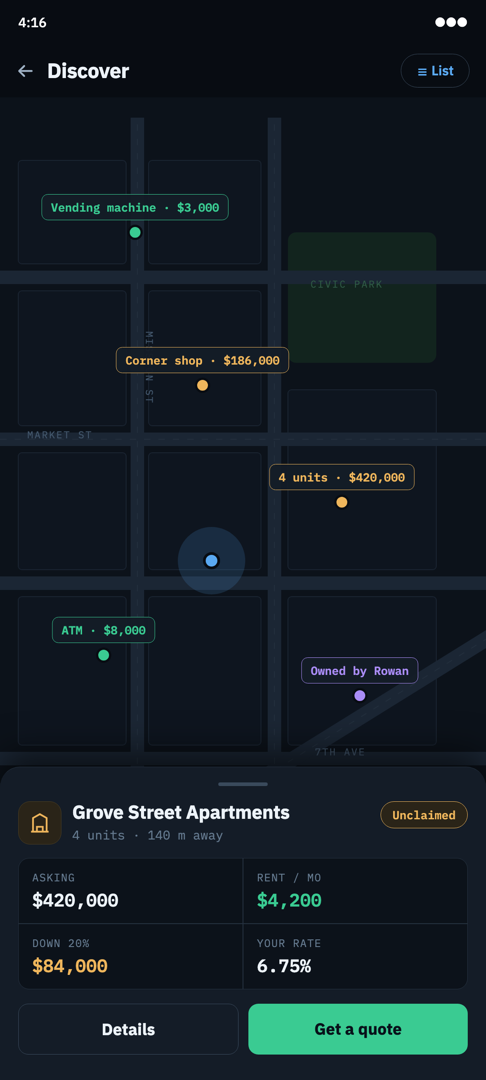 The Discover map: real streets nearby with prices attached, and one building already owned by another player